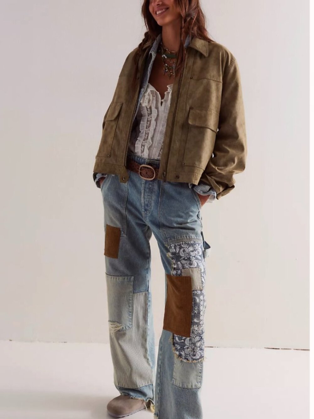 HTF We The Free People Popular Demand Patched Jeans Wide Leg Boho Statement 27